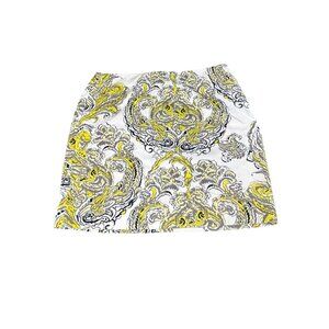 Ann Taylor Madison Skirt 0P White/Yellow/Gray Baroque Print 100% Cotton